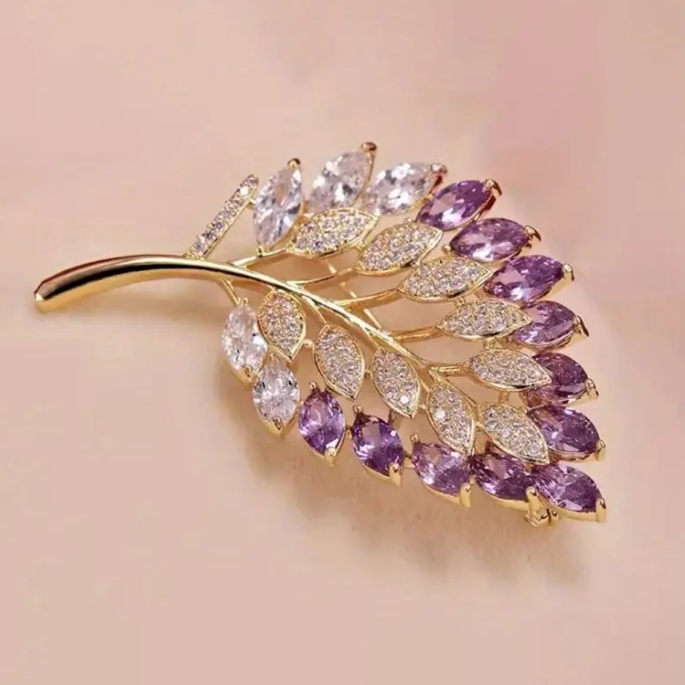 NWOT - Chic Leaf Brooch with Purple and Clear Rhinestones